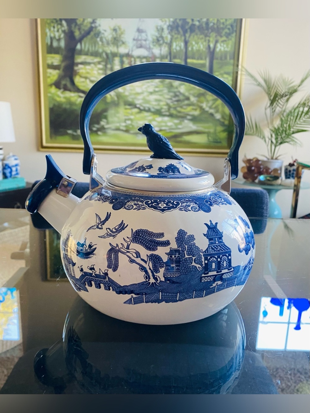 VTG Johnson Brothers Blue Willow Enameled Whistling Tea Kettle Teapot Bird Knob